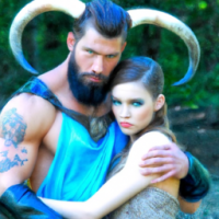 romance book cover style image of a handsome tall  muscular dark haired warrior with horns holding his captured female in color