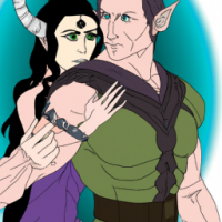romance book cover style image of a handsome tall  muscular dark haired elf warrior with horns holding his captured female in color